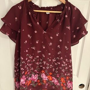 Old Navy Burgundy Floral Ruffle Neck Flutter Sleeve Blouse | XL